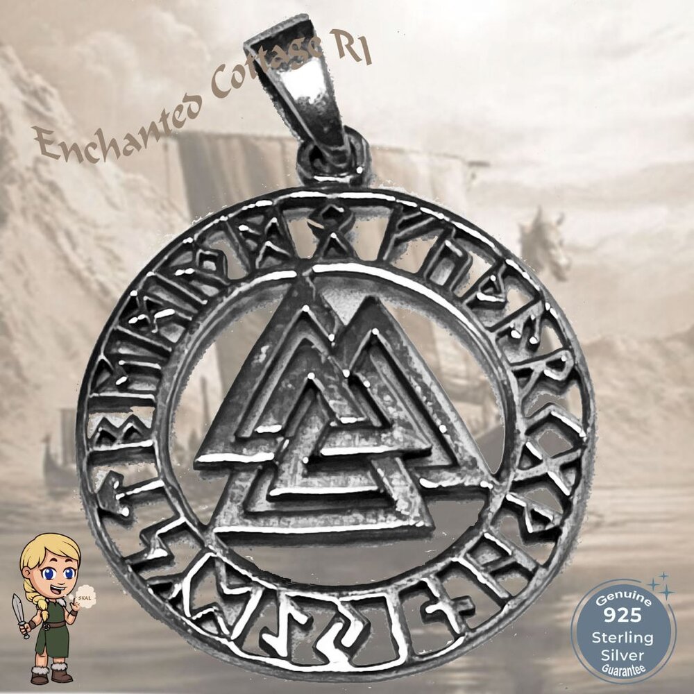 Viking Norse 𝐕𝐀𝐋𝐊𝐍𝐔𝐓 Runes Circle Sterling Silver 925 Amulet Pendant NEW